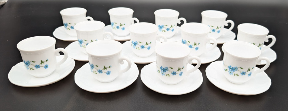 12 Arcopal France Veronica Floral Blue White Demitasse Espresso Cups Saucers Set